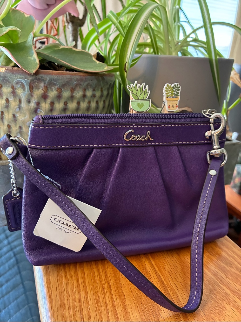 Coach Purple Leather Wristlet with Silver Hardware